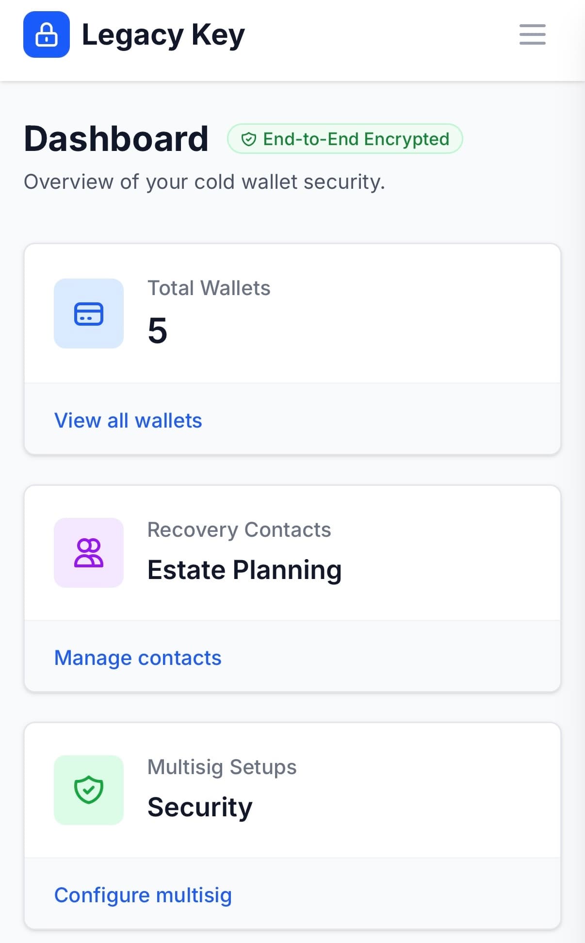 Legacy Key dashboard showing wallet recovery readiness