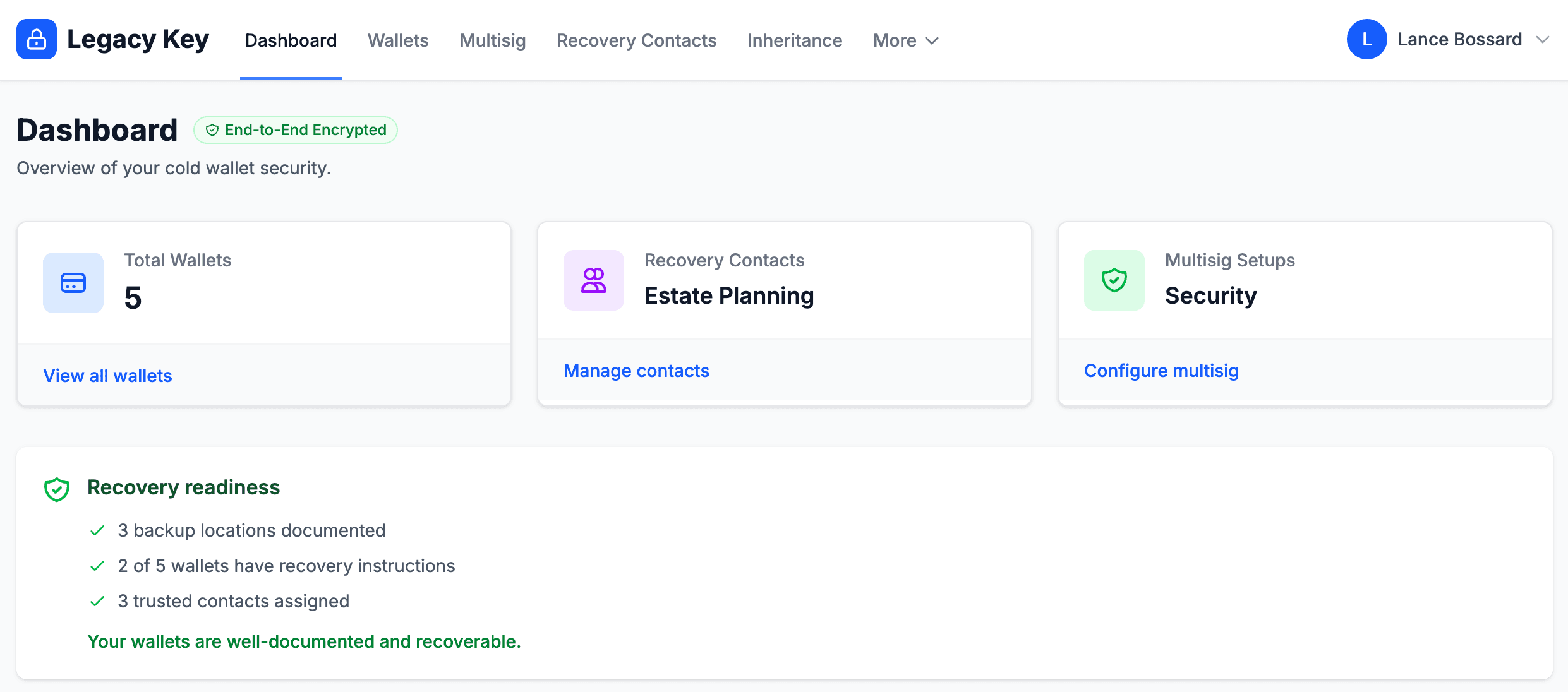 Legacy Key dashboard showing wallet recovery readiness